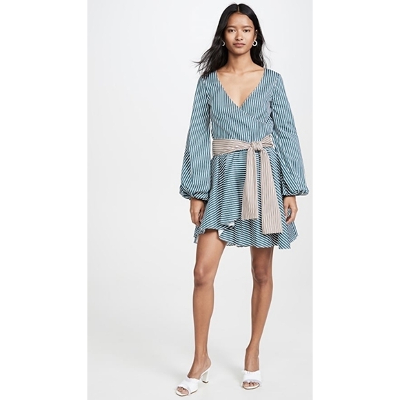 Caroline Constas Mini Teal Striped Tie Waist Lena Poplin Dress Size Large - Picture 1 of 8